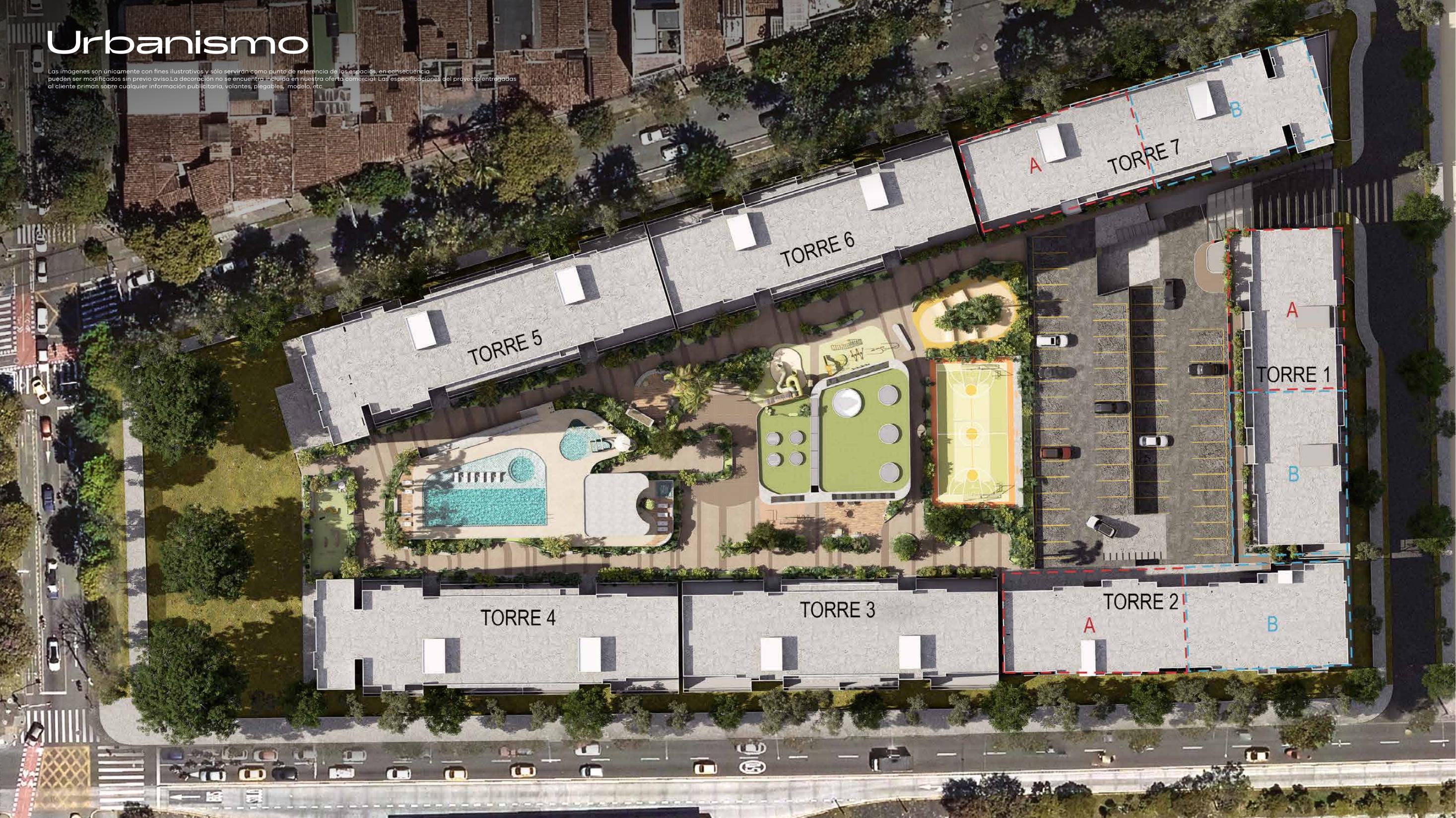 Mapa de amenidades y plazoleta central de Atrium Bulevar Residencial